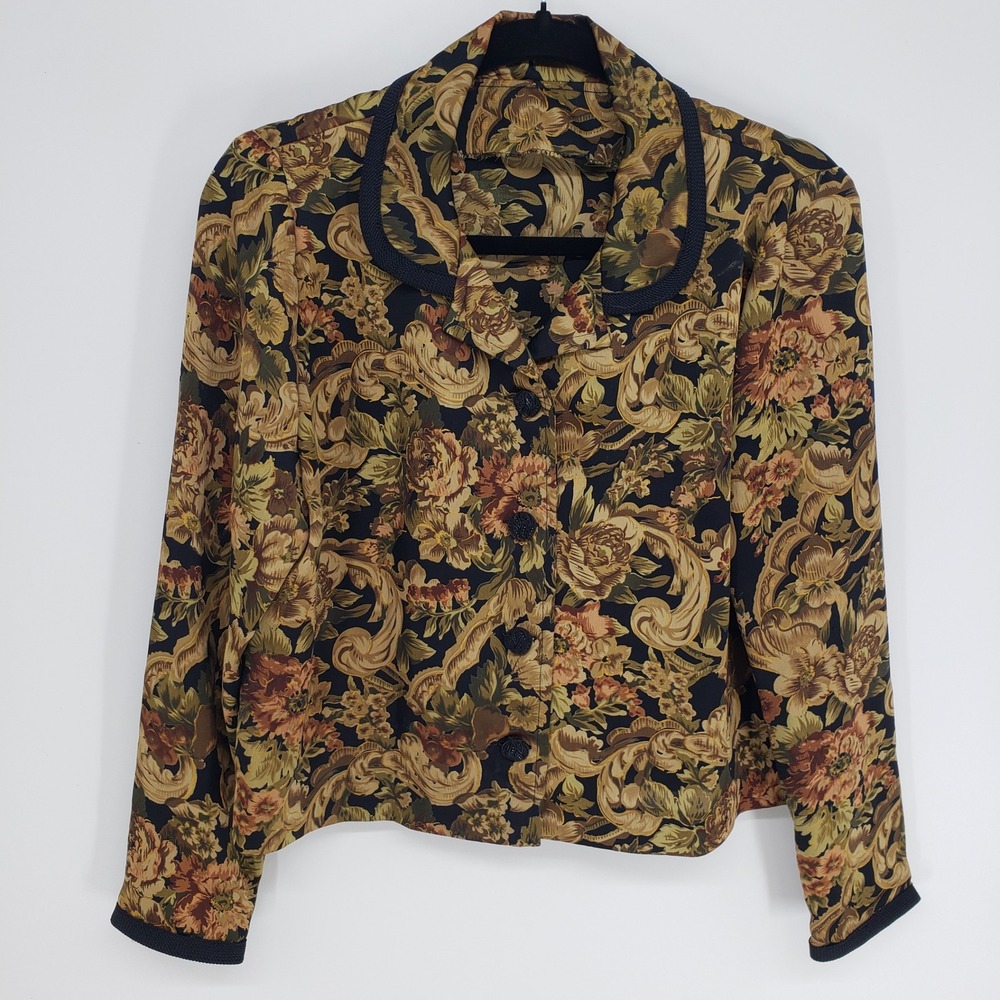 Vintage 90s Floral Tapestry Print Blazer Jacket Womens M Brown Cropped Baroque